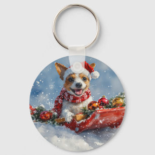 Rat Terrier Hond in Sledge Laat het Sneeuw Kerstmi Sleutelhanger