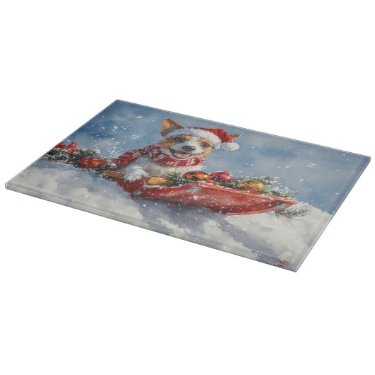 Rat Terrier Hond in Sledge Laat het Sneeuw Kerstmi Snijplank (Hoek)