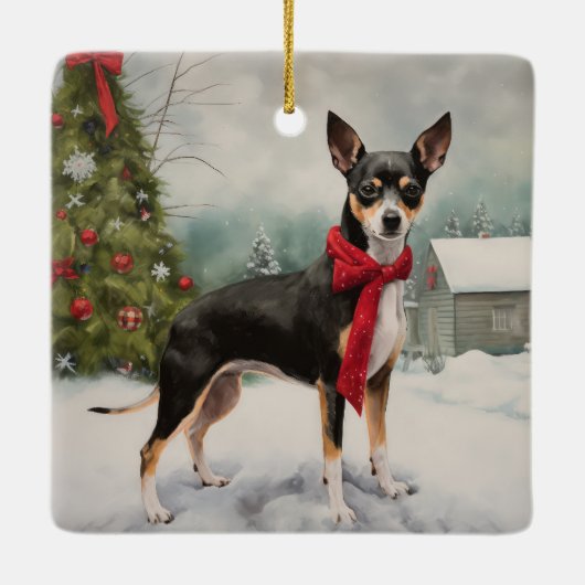 Rat Terrier Hond in Sneeuw Kerstmis Keramisch Ornament (Achterkant)