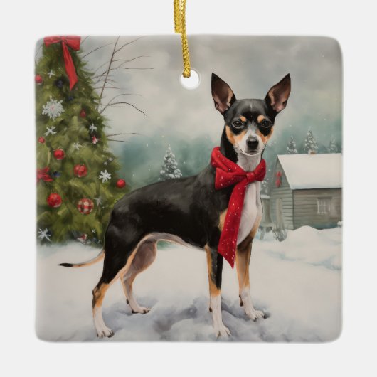 Rat Terrier Hond in Sneeuw Kerstmis Keramisch Ornament (Voorkant)