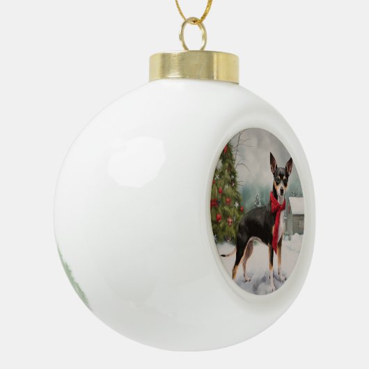Rat Terrier Hond in Sneeuw Kerstmis Keramische Bal Ornament (Links)