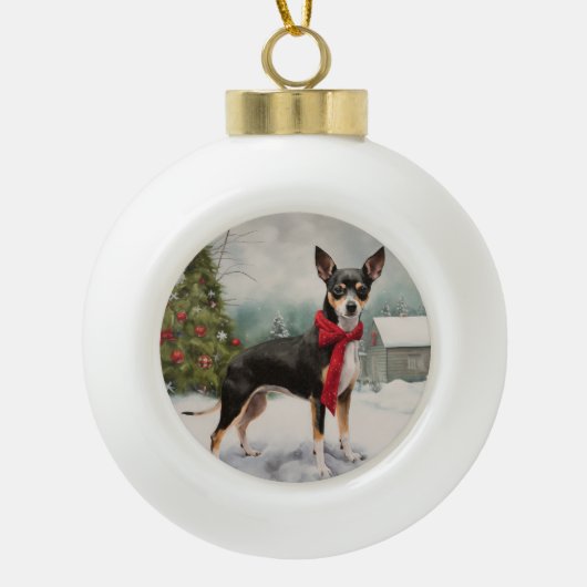 Rat Terrier Hond in Sneeuw Kerstmis Keramische Bal Ornament (Voorkant)