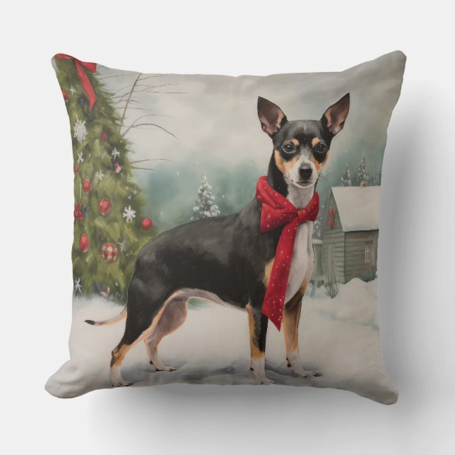 Rat Terrier Hond in Sneeuw Kerstmis Kussen (Voorkant)