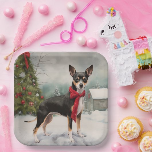 Rat Terrier Hond in Sneeuw Kerstmis Papieren Bordje (Feest)