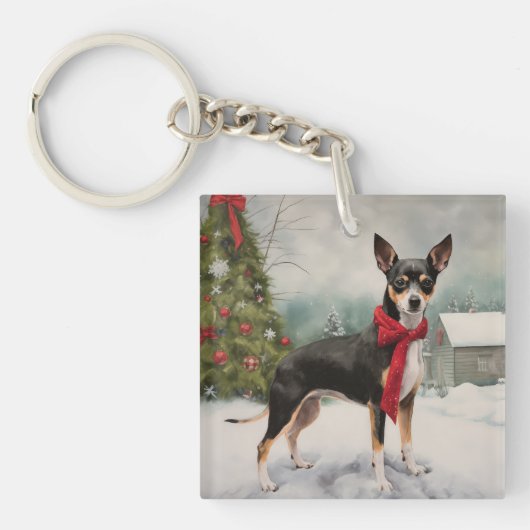 Rat Terrier Hond in Sneeuw Kerstmis Sleutelhanger (Voorkant)
