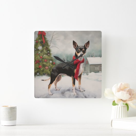 Rat Terrier Hond in Sneeuw Kerstmis Vierkante Klok (Huis)
