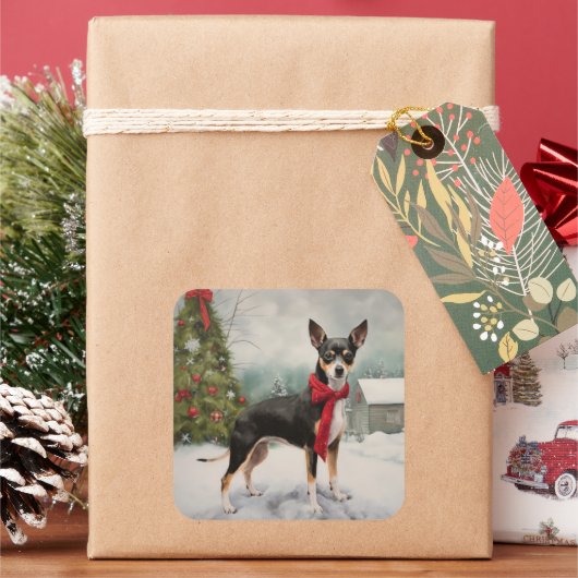 Rat Terrier Hond in Sneeuw Kerstmis Vierkante Sticker (Feestdagen)