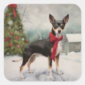Rat Terrier Hond in Sneeuw Kerstmis Vierkante Sticker (Voorkant)