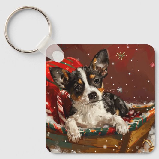 Rat Terrier hond Kerstmis Festief Sleutelhanger (Voorkant)