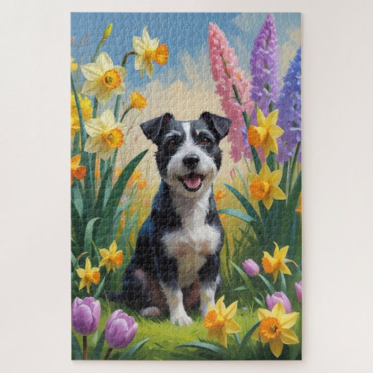 Rat Terrier-hond lente bloemen schilderij Legpuzzel (Verticaal)