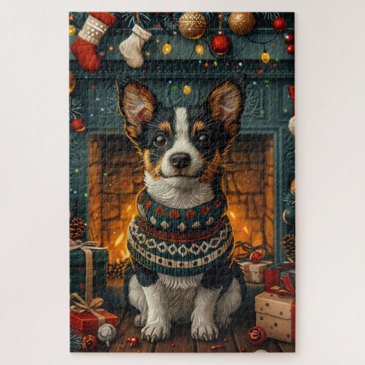 Rat Terrier-hond met kerstcadeaus bij de open haar Legpuzzel (Verticaal)