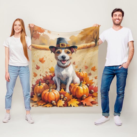 Rat Terrier in herfstbladeren Thanksgiving-kunst Fleece Deken (In situ)