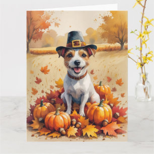 Rat Terrier in Herfstbladeren Thanksgiving Kunst Kaart