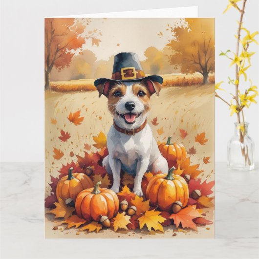 Rat Terrier in Herfstbladeren Thanksgiving Kunst Kaart (Gele Bloem)