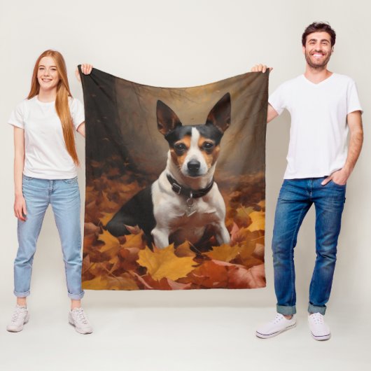 Rat Terrier in herfstbladeren val inspireert Fleece Deken (In situ)