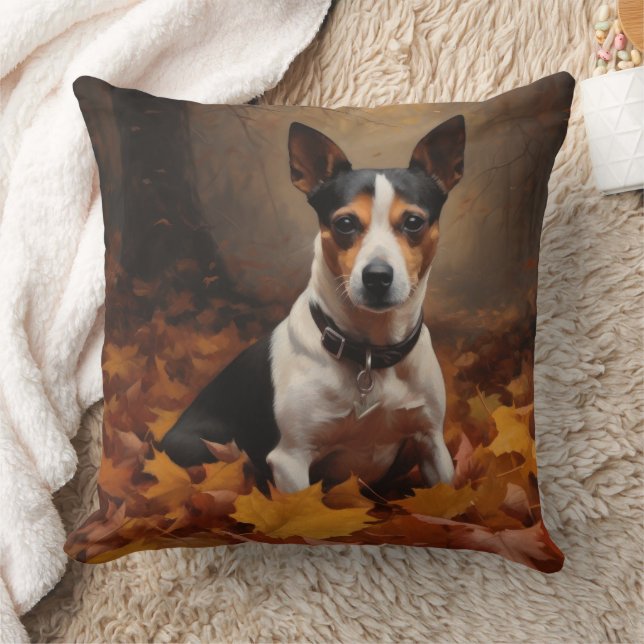 Rat Terrier in herfstbladeren val inspireert Kussen (Deken)