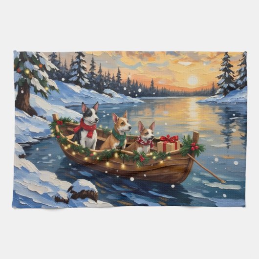 Rat Terrier Kerstboot Vakantie Theedoek (Horizontaal)