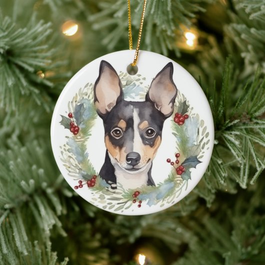 Rat Terrier Kerstkrans Feestelijke Pup Keramisch Ornament (Boom)