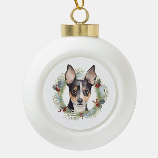 Rat Terrier Kerstkrans Feestelijke Pup Keramische Bal Ornament (Voorkant)