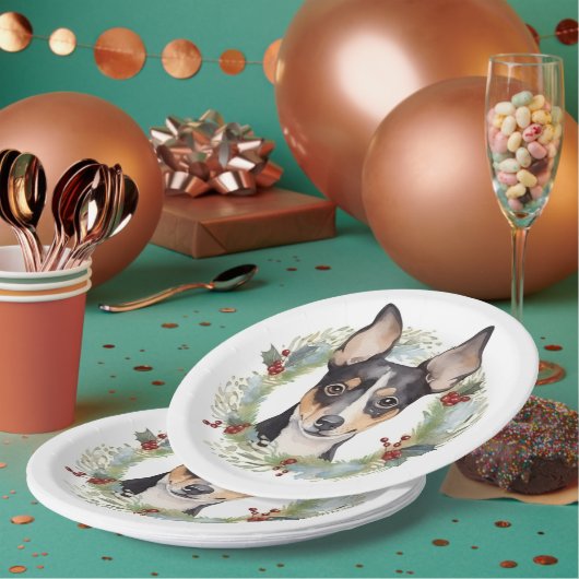 Rat Terrier Kerstkrans Feestelijke Pup Papieren Bordje (Multi)