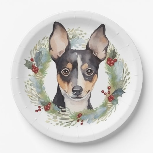 Rat Terrier Kerstkrans Feestelijke Pup Papieren Bordje (Voorkant)
