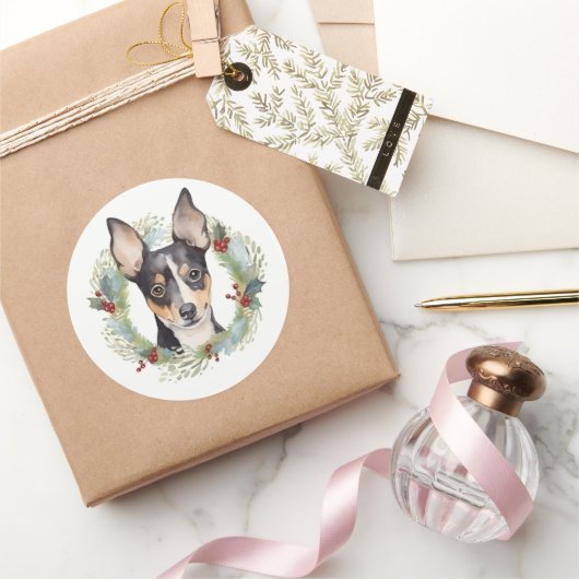 Rat Terrier Kerstkrans Feestelijke Pup Ronde Sticker (Geschenken)
