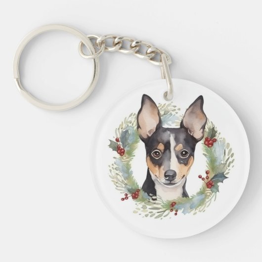 Rat Terrier Kerstkrans Feestelijke Pup Sleutelhanger (Voorkant)