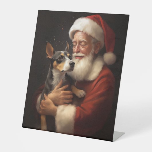 Rat Terrier met Sinterklaas Feestelijke Kerstmis Reclamebord Met Voetstuk (Voorkant)