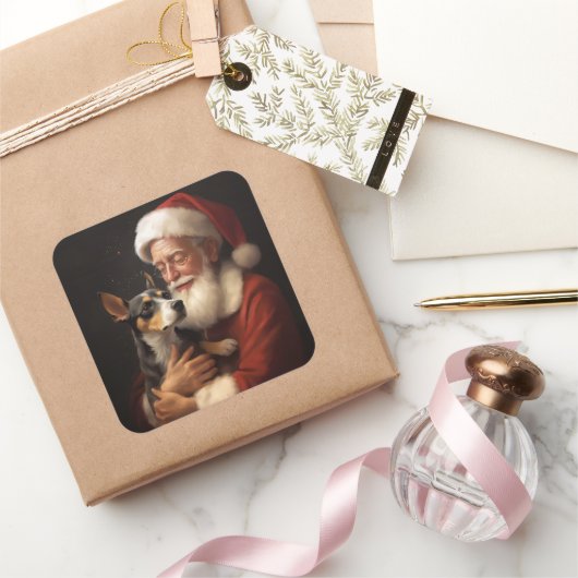 Rat Terrier met Sinterklaas Feestelijke Kerstmis Vierkante Sticker (Geschenken)