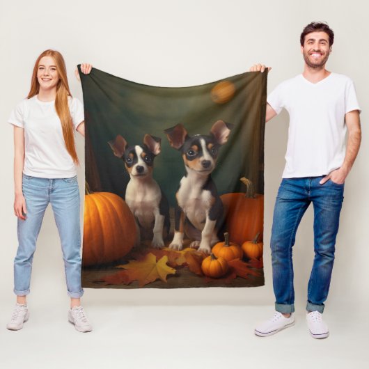 Rat Terrier Pup Autumn Delight Pompoen  Fleece Deken (In situ)