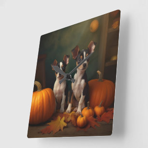 Rat Terrier Pup Autumn Delight Pumpkin Vierkante Klok