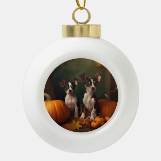 Rat Terrier Puppy Herfst Delight Pompoen Keramische Bal Ornament (Voorkant)