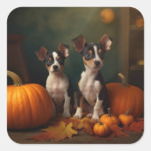 Rat Terrier Puppy Herfst Delight Pompoen Vierkante Sticker (Voorkant)