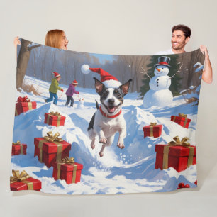 Rat Terrier rent in de sneeuw met kerstmuts Fleece Deken
