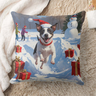 Rat Terrier rent in de sneeuw met kerstmuts Kussen