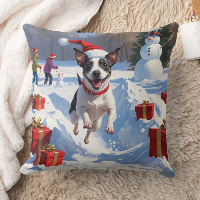 Rat Terrier rent in de sneeuw met kerstmuts Kussen (Deken)
