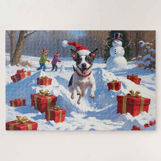 Rat Terrier rent in de sneeuw met kerstmuts Legpuzzel (Horizontaal)