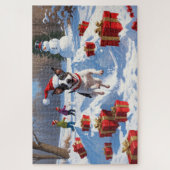 Rat Terrier rent in de sneeuw met kerstmuts Legpuzzel (Verticaal)