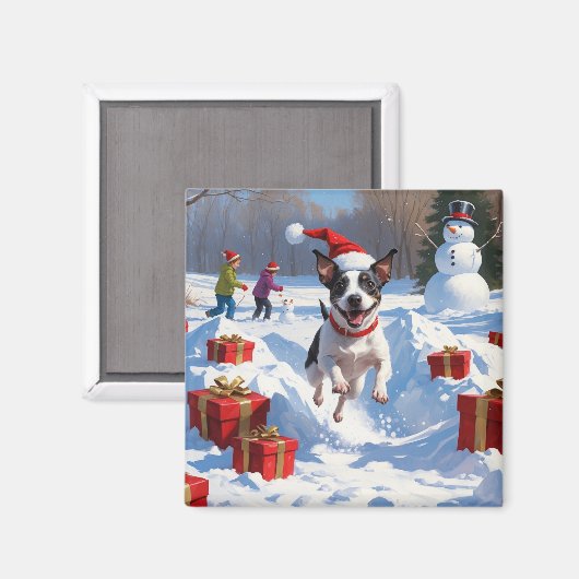 Rat Terrier rent in de sneeuw met kerstmuts Magneet (Voorkant / Achterkant)