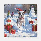 Rat Terrier rent in de sneeuw met kerstmuts Magneet (Voorkant)