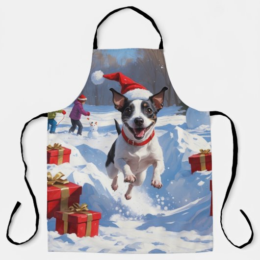 Rat Terrier rent in de sneeuw met kerstmuts Schort (Voorkant)