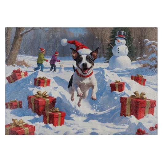 Rat Terrier rent in de sneeuw met kerstmuts Snijplank (Voorkant)