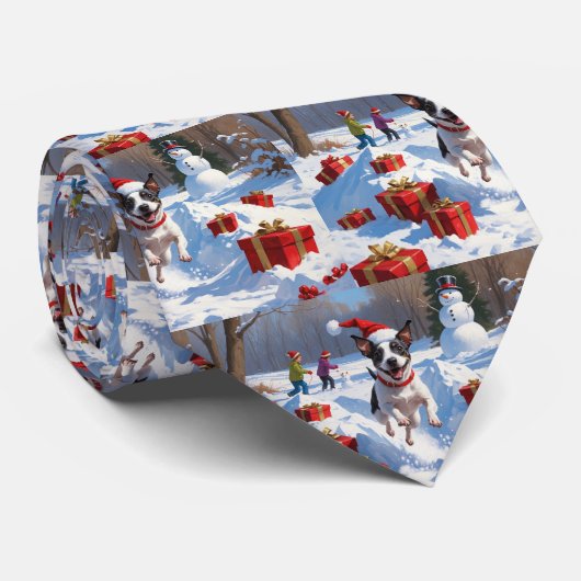 Rat Terrier rent in de sneeuw met kerstmuts Stropdas (Opgerold)