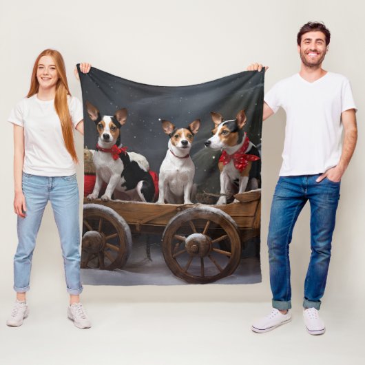 Rat Terrier Sneeuw slee Santa Claus Kerstmis decor Fleece Deken (In situ)