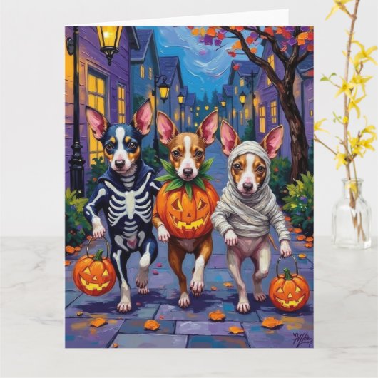 Rat Terrier Trick-or-Treating Halloween Kostuums Kaart (Gele Bloem)
