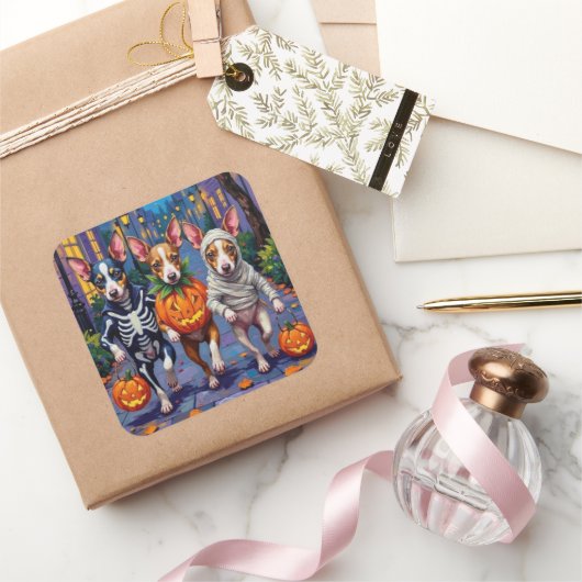 Rat Terrier Trick-or-Treating Halloween kostuums Vierkante Sticker (Geschenken)