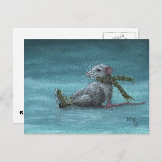 Rat viel terwijl briefkaart met schaatsen op ijs (Voorkant / Achterkant)