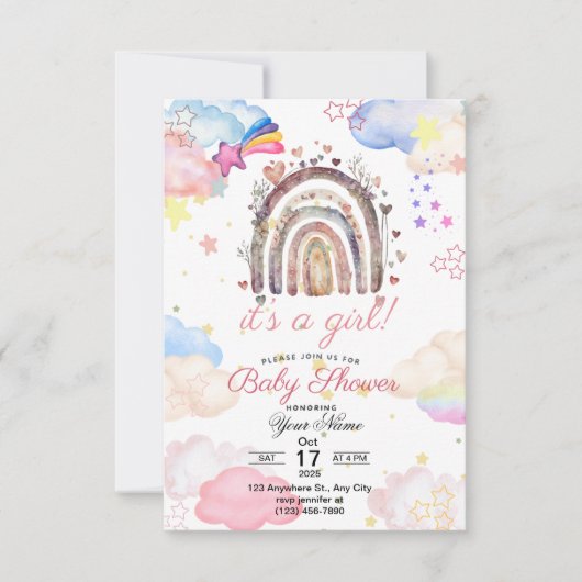 Ratinbow baby shower uitnodiging voor baby meisje (Voorkant)