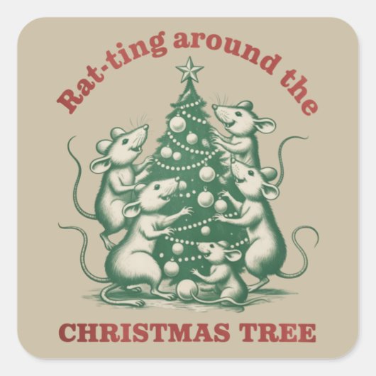 Ratten rond de kerstboom Grappige Kerstmis Rat Vierkante Sticker (Voorkant)