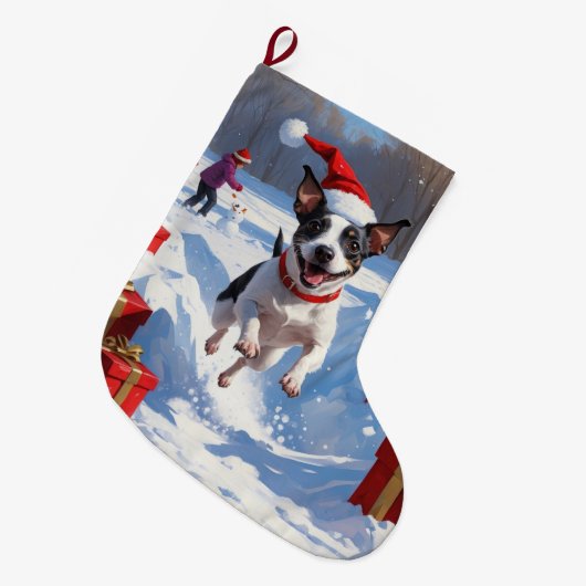 Rattenterriër loopt in de sneeuw met kerst Pet Grote Kerstsok (Voorkant (Hangend))